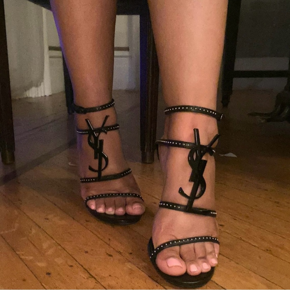 Saint Laurent YSL Cassandra heels logo black leather studded sandals 37